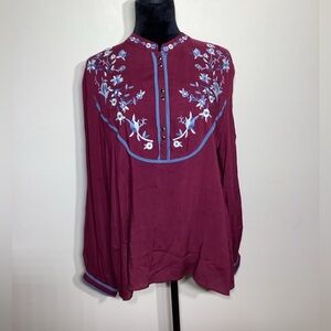 Jodifl Embroidered Maroon Quarter Button Up Long Sleeve Tunic Size Large